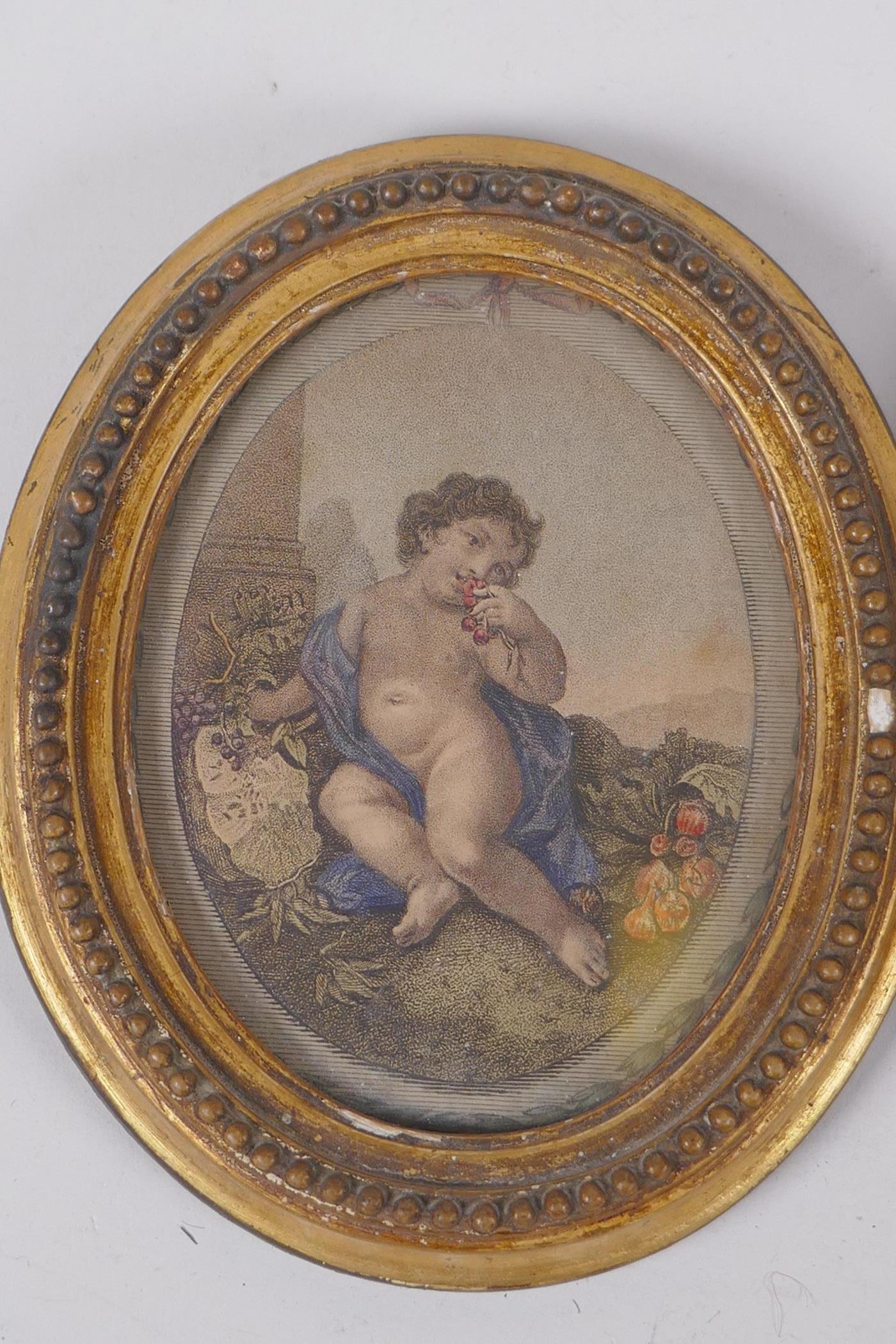 Three C19th oval framed hand coloured engravings of putti, aperture 8 x 10.5cm - Image 2 of 5