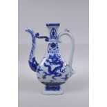 A Chinese blue and white porcelain ewer with dragon decoration, Xuande 6 character mark to side,