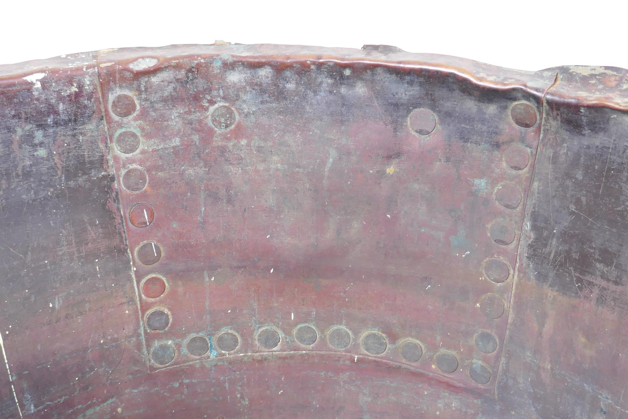 An antique riveted copper bin, with historic repair, 36cm high, 50cm diameter - Image 5 of 5