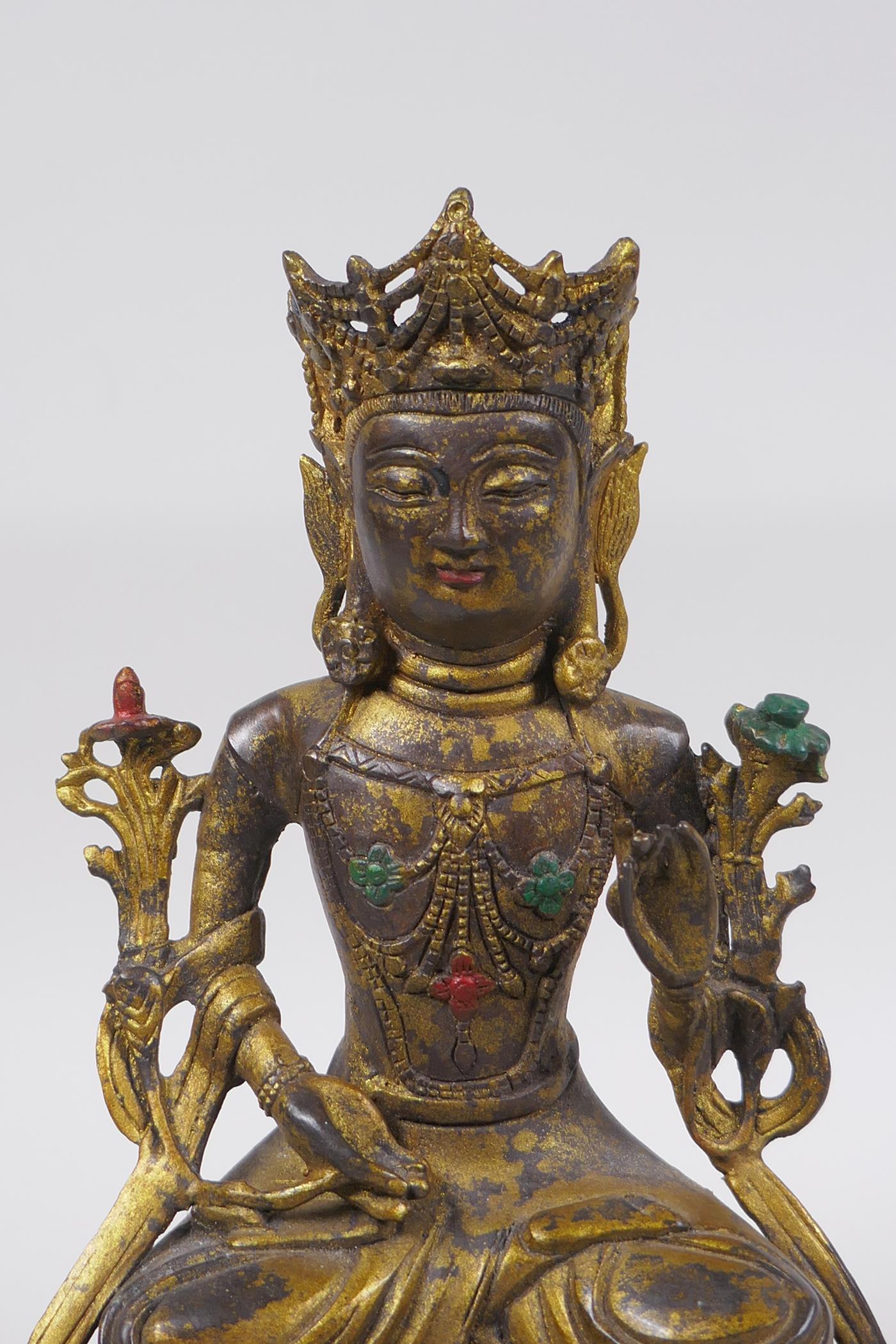A Chinese gilt bronze figure of Buddha seated in meditation, impressed 4 character mark verso, - Image 2 of 5