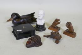 A mixed lot, ebony jewellery box with silver monogram, porcelain bust of Elgar, 20cm high, wood