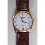 A gentleman's Rolex Geneve Cellini 18ct gold wristwatch on a leather strap, gold marks to the case