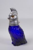 A blue glass and silver plated parrot shaped decanter, 24cm high, AF loose head