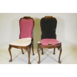 A pair of antique Georgian style walnut side chairs with drop in seats and backs, raised on cabriole