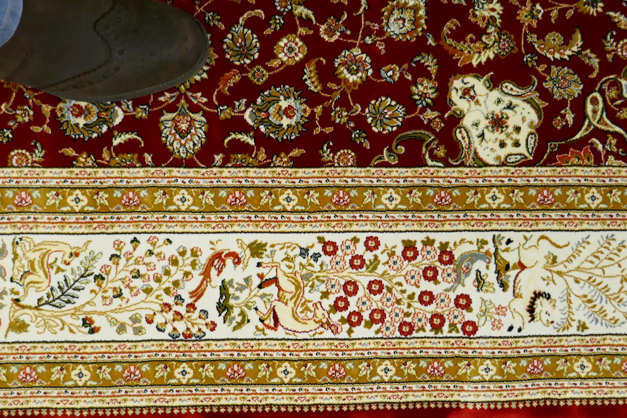 A Persian red ground full pile bamboo silk carpet with central floral medallion design and cream - Image 6 of 9