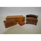 A Regency brass inlaid rosewood sarcophagus shaped tea caddy, 30 x 15 x 17cm, a smaller similar,