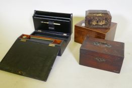 A C19th inlaid mahogany jewellery case, export lacquer box, tea caddy AF, and a correspondence