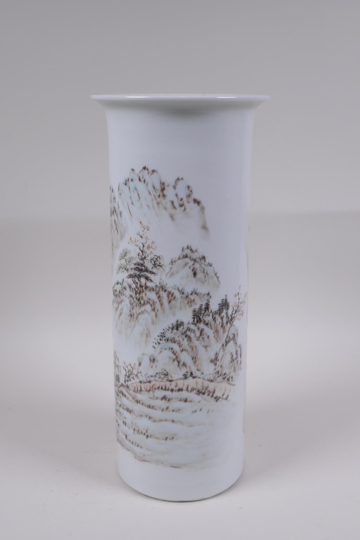 A Chinese Republic style porcelain cylinder vase decorated with a mountain landscape, 30cm high x - Image 3 of 6