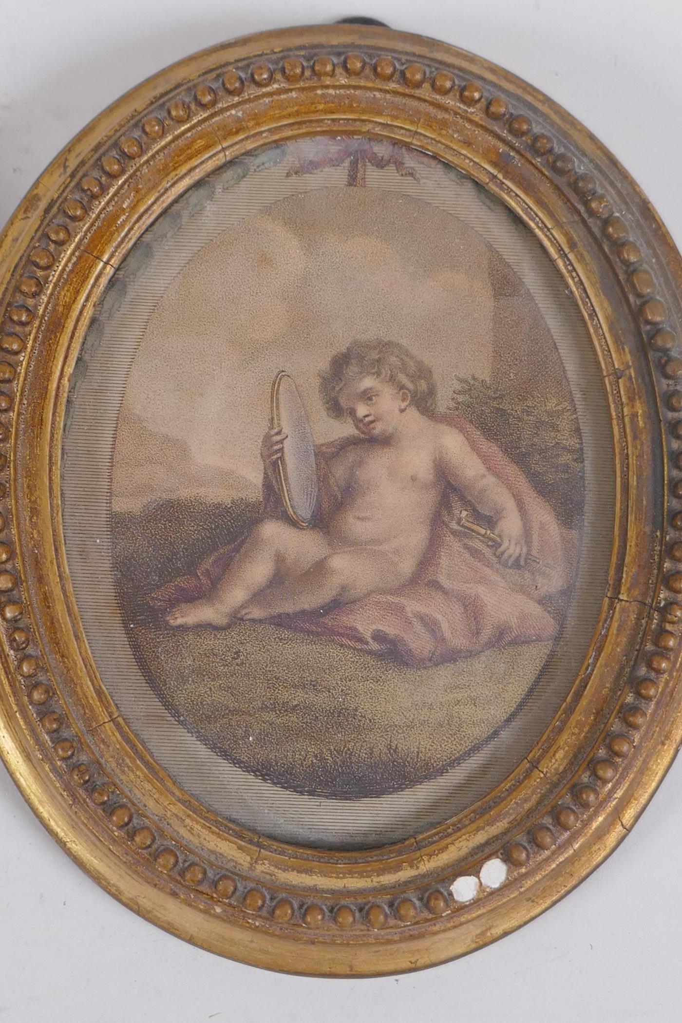 Three C19th oval framed hand coloured engravings of putti, aperture 8 x 10.5cm - Image 4 of 5