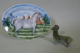 A Rye Pottery meat plate, decorated with a shire horse, marked to base Steve Duffy, Iden Pottery,