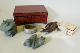 Oriental wares, a lacquered box, carved wood hand, and bronze figures etc, box 30 x 20 x 15cm