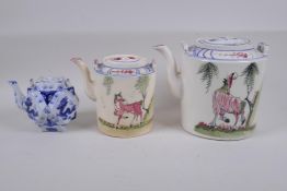 An oriental porcelain teapot with horse decoration and character inscriptions, and another