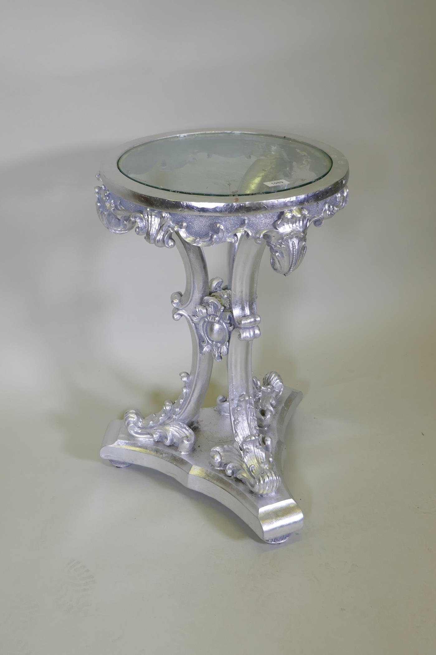 A metal leaved composition Gueridon with glass top, 44cm diameter, 69cm high - Image 2 of 2