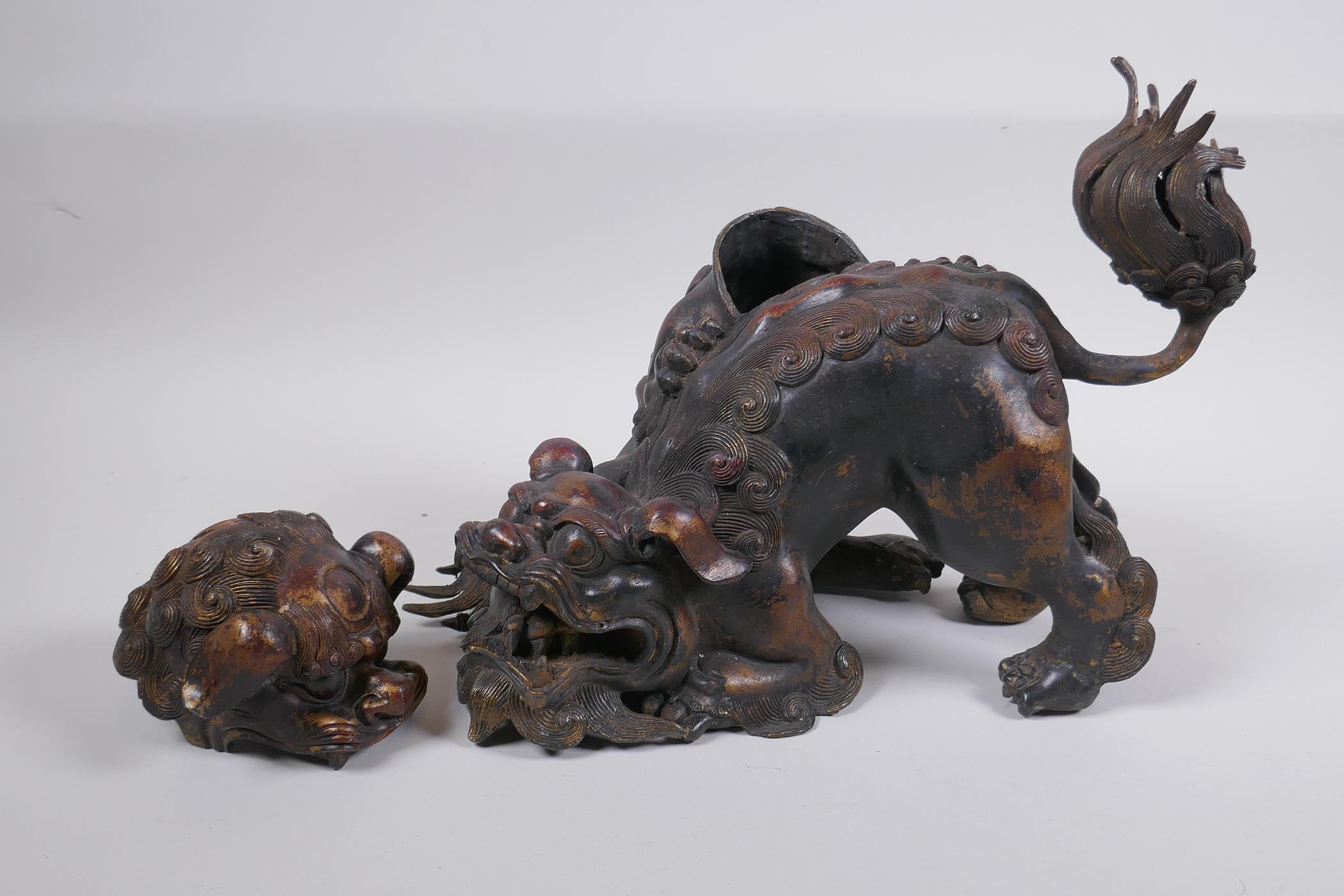 A Chinese gilt bronze censer in the form of two fo dogs, 24cm high - Image 3 of 4