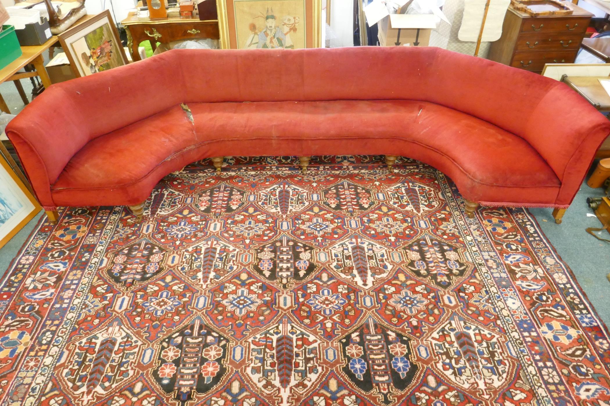 A C19th country house bay window seat, raised on turned oak supports with brass and ceramic castors, - Image 2 of 7