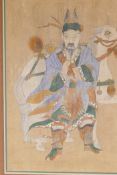Chinese watercolour print of a warrior with horse, mounted on silk and in a gilt frame, frame 81 x