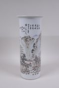 A Chinese Republic style porcelain cylinder vase decorated with a mountain landscape, 30cm high x