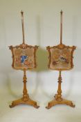 A pair of C19th bird's eye maple pole screens in the manner of Gillow, with carved and shaped