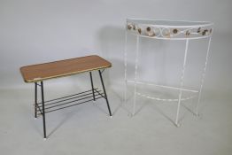 A mid century tubular metal occasional table and a 1960s painted metal demi-lune side table, 63 x