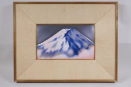 A Japanese enamelled metal plaque depicting Mt Fuji, framed, 30 x 19cm