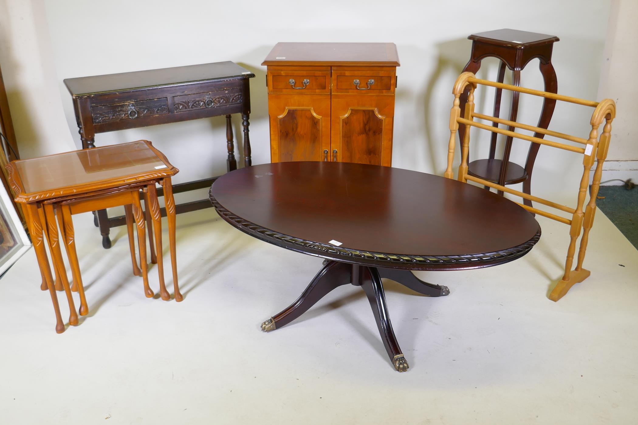 A yew wood media cabinet on bracket feet, an oak two drawer side table, an oval topped mahogany - Image 2 of 6