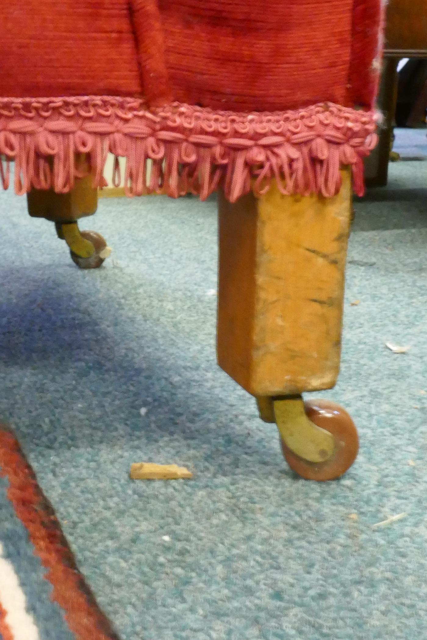 A C19th country house bay window seat, raised on turned oak supports with brass and ceramic castors, - Image 7 of 7