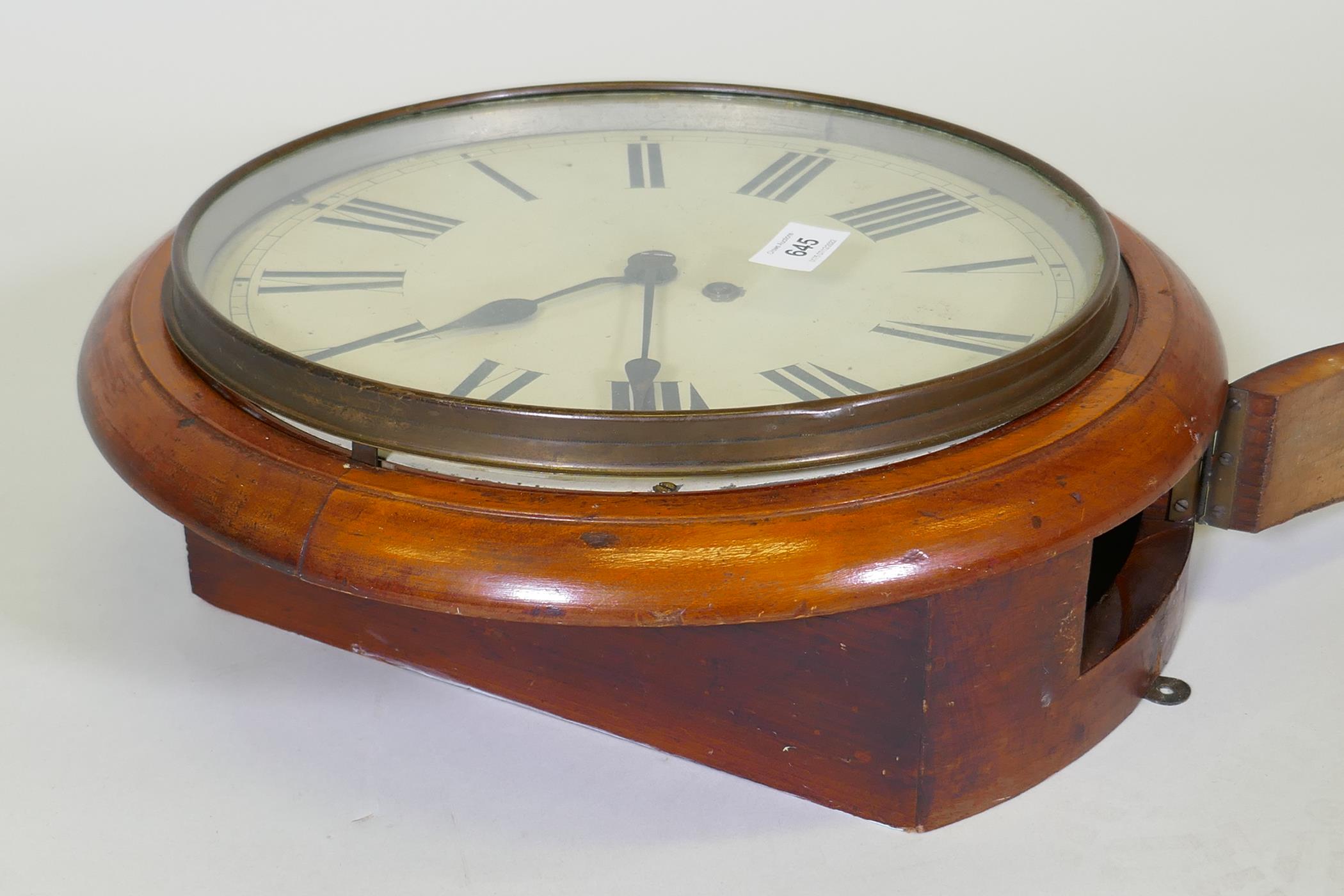 A spring driven mahogany cased wall clock, the painted dial with Roman numerals, early C20th, 38cm - Image 3 of 3