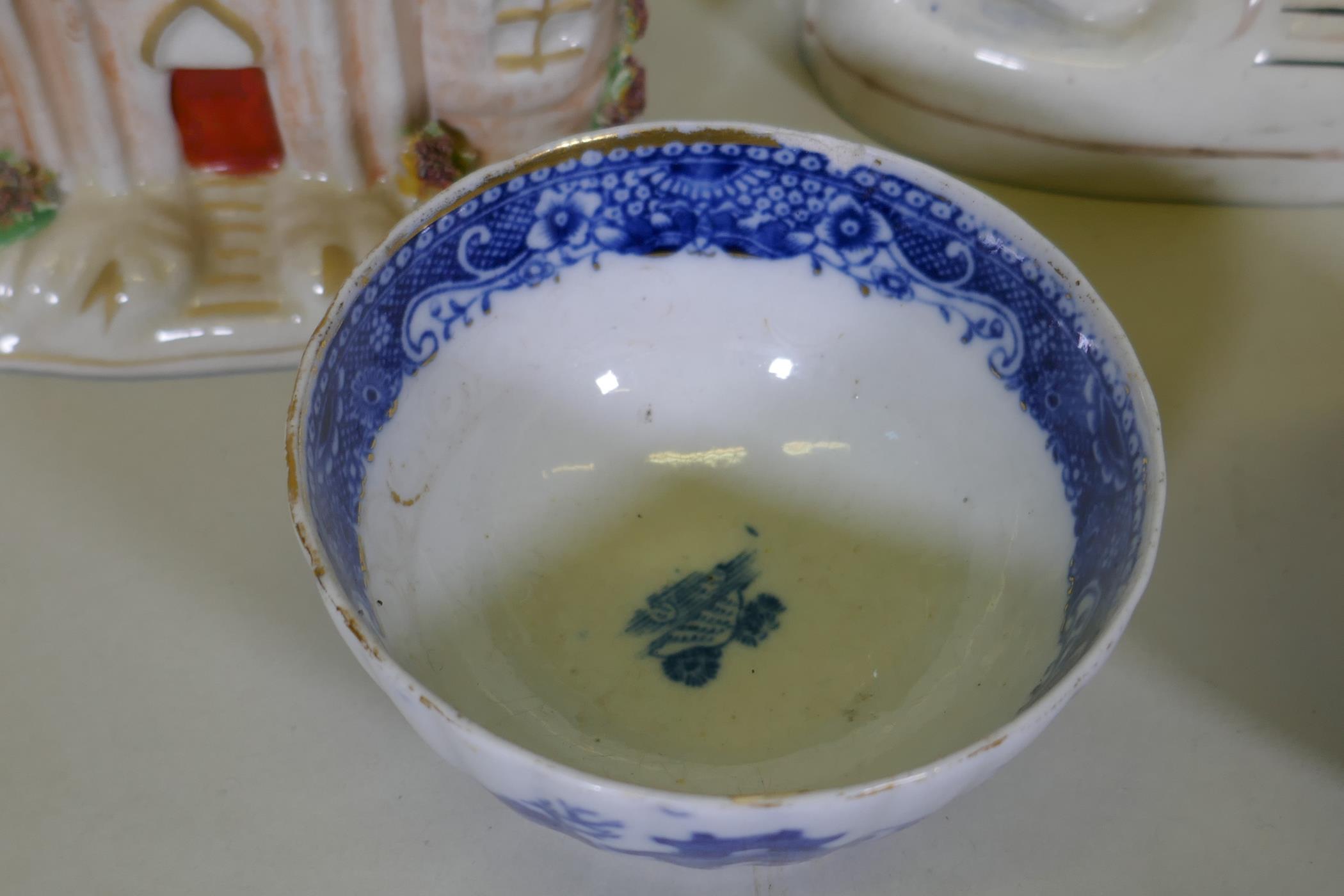 Three Staffordshire pastille burners, largest 18cm high, three C18th pearlware tea bowls - Image 4 of 5