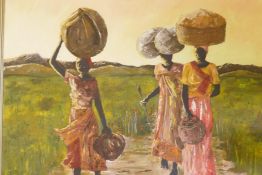 African landscape with figures, oil on canvas board, signed S.M. Smithyman, May '78, 61 x 50cm