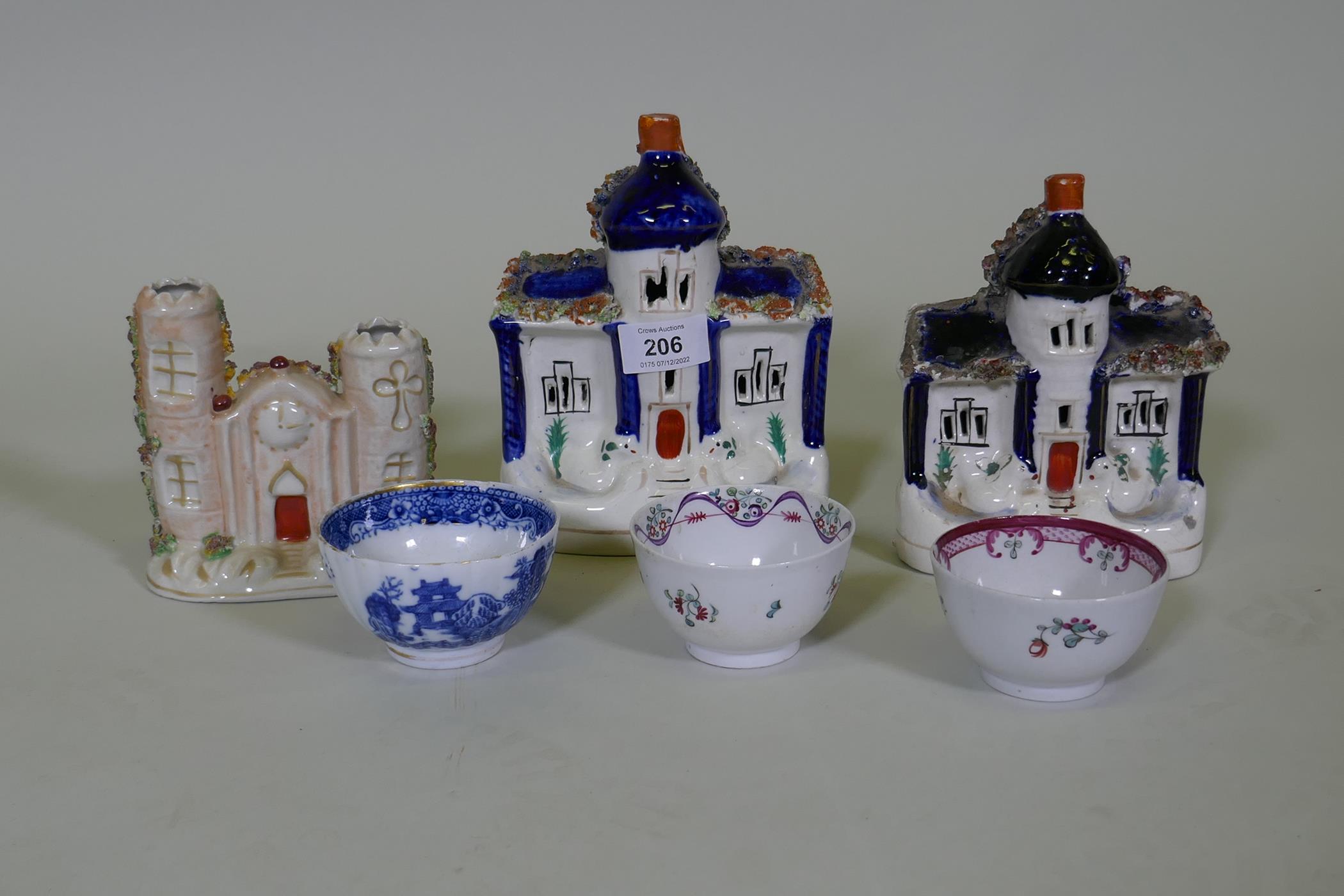 Three Staffordshire pastille burners, largest 18cm high, three C18th pearlware tea bowls