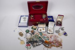 A leather jewellery box and a quantity of costume jewellery