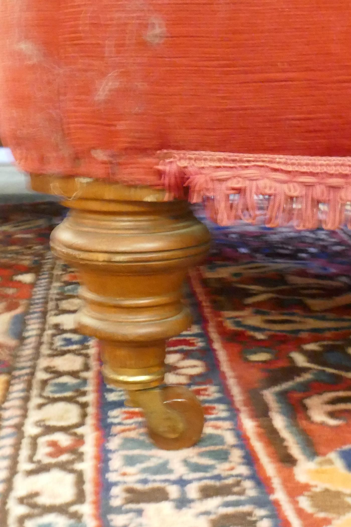 A C19th country house bay window seat, raised on turned oak supports with brass and ceramic castors, - Image 6 of 7