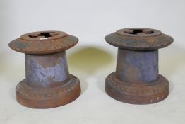A pair of Victorian cast iron stands/pedestals, 37cm high, 40cm diameter, 26 diameter top