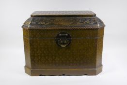 An Indo-Chinese lacquered casket with embossed fleur de lys decoration, 51 x 30cm, 38cm high
