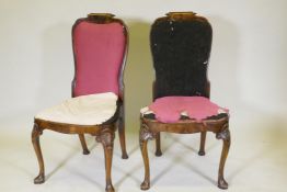 A pair of antique Georgian style walnut side chairs with drop in seats and backs, raised on cabriole