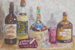Still life, bottles, oil on canvas, signed indistinctly, 41 x 51cm