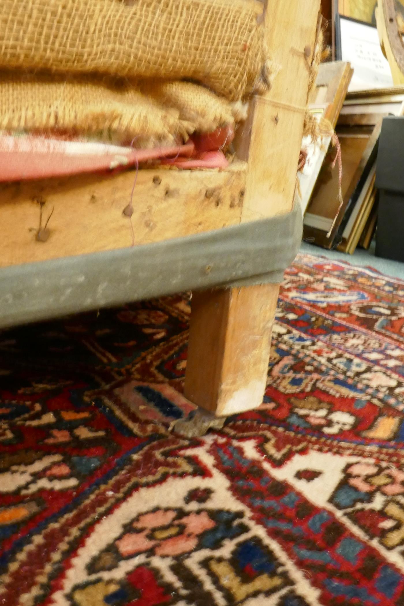 A C19th country house bay window seat, raised on turned oak supports with brass and ceramic castors, - Image 5 of 7