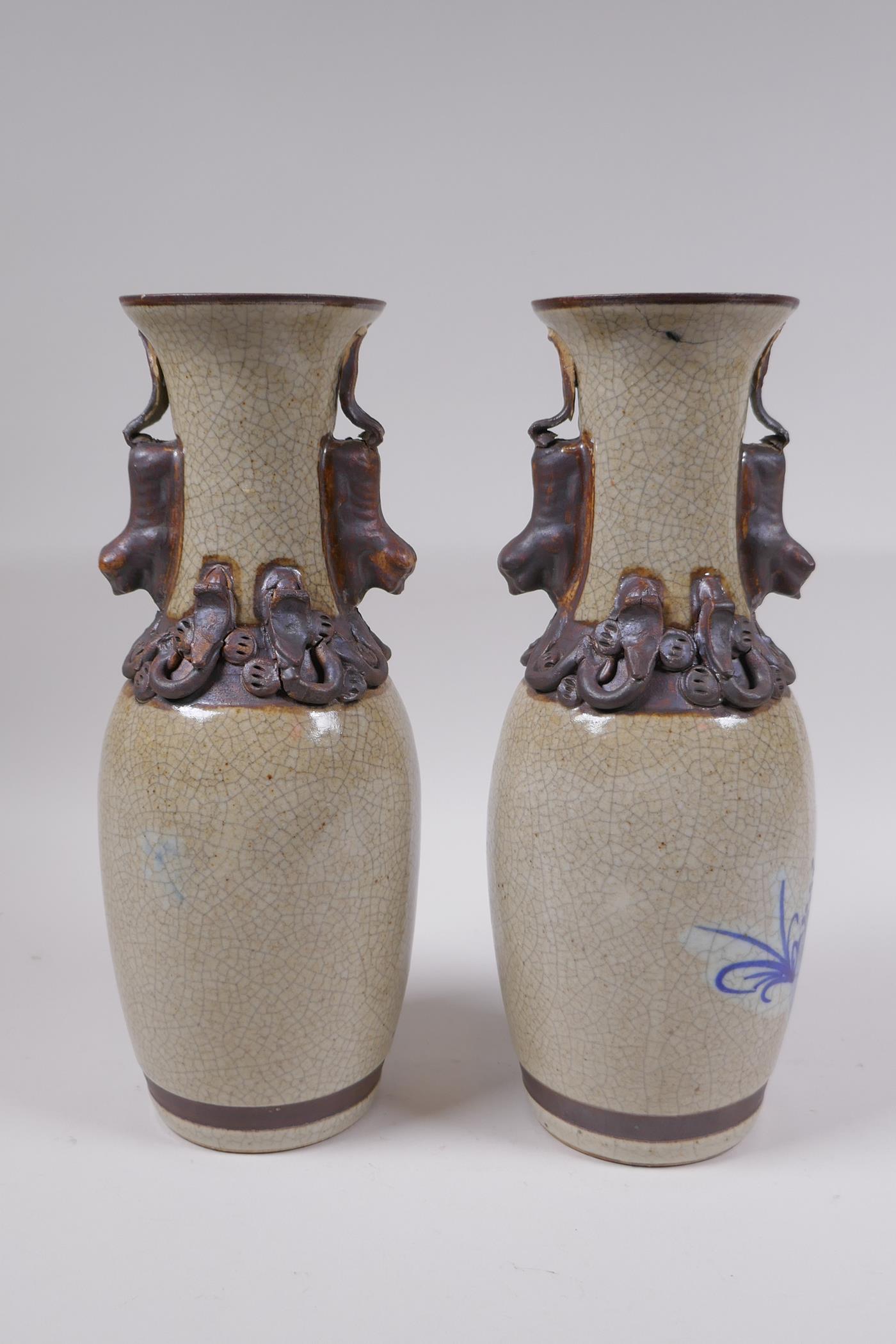 A pair of Chinese blue and white crackleware vases with bronze style bands and handle, and painted - Image 4 of 5