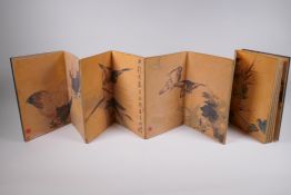 A Chinese printed concertina book depicting asiatic birds, with a carved hardwood cover decorated