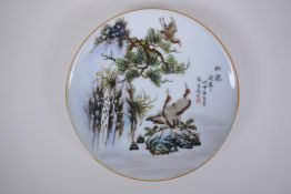 A Chinese Republic style porcelain cabinet plate decorated with red crowned cranes, inscription to