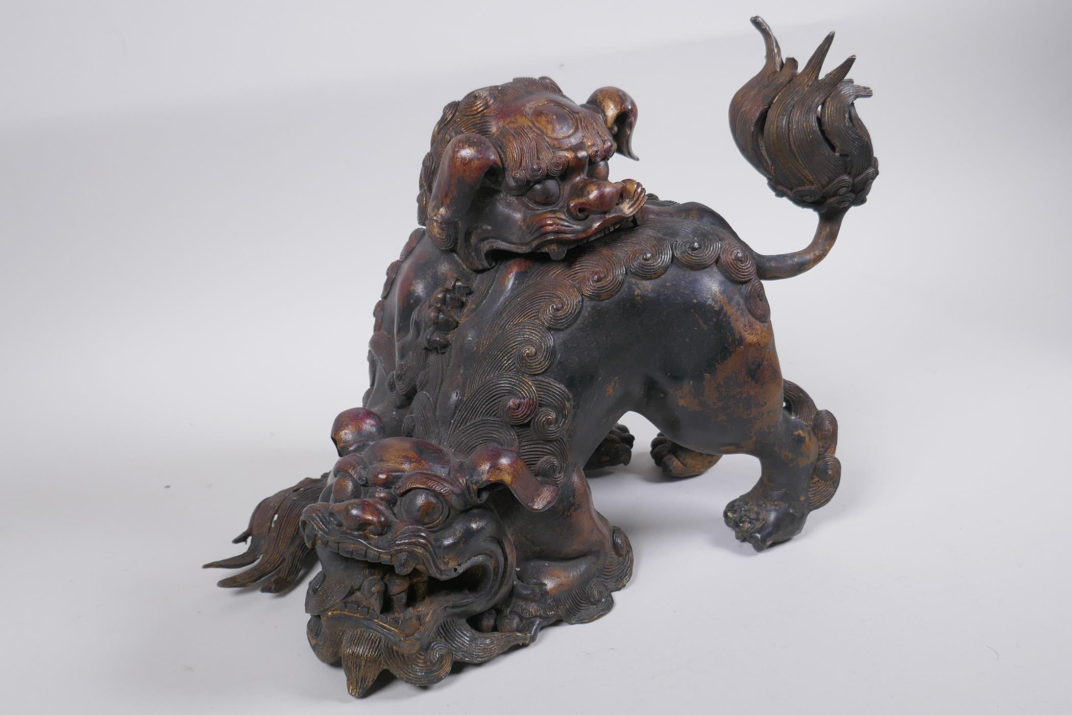 A Chinese gilt bronze censer in the form of two fo dogs, 24cm high - Image 2 of 4