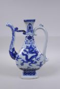 A Chinese blue and white porcelain ewer with dragon decoration, Xuande 6 character mark to side,