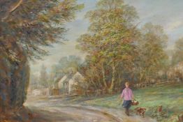 Max Dunlop, Felday, 94, landscape with figure walking a dog, oil on board, 32 x 26cm