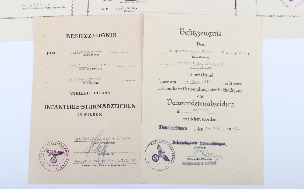 WW2 German Award & Other Documents Unteroffizier / Stabsfeldwebel Rudolf Hippner 3/Gren. Regt 513 - Image 2 of 7