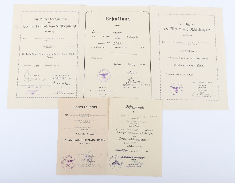 WW2 German Award & Other Documents Unteroffizier / Stabsfeldwebel Rudolf Hippner 3/Gren. Regt 513