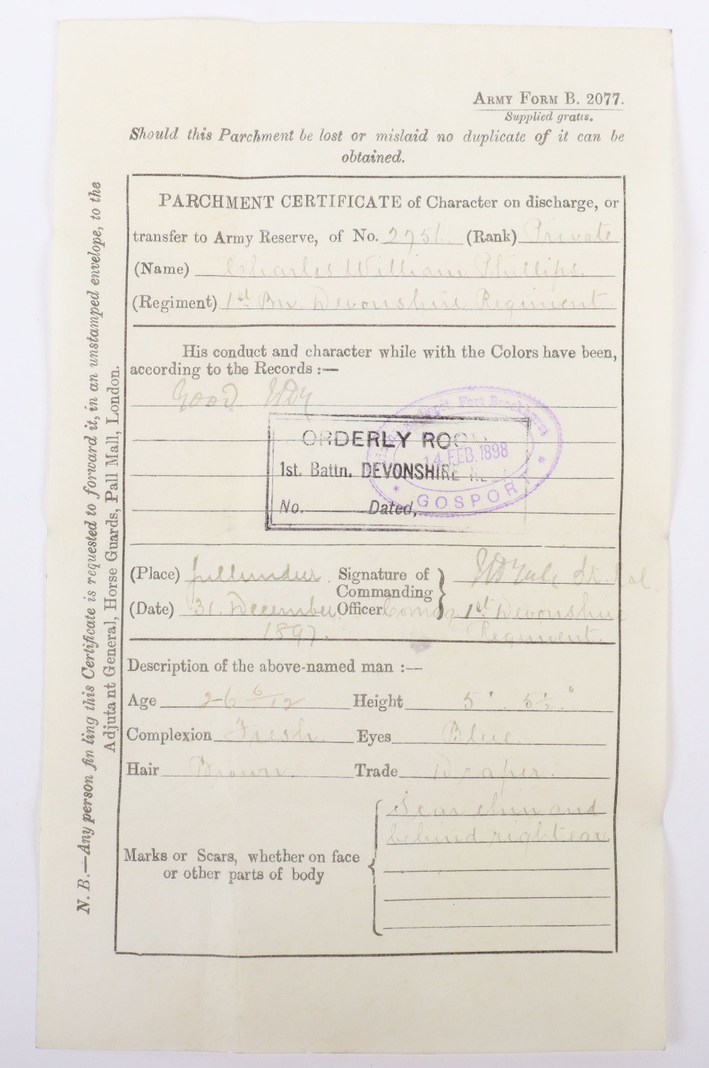 Original Parchment Certificate of Character on Discharge 2756 Pte Charles William Phillips 1st Batta - Image 2 of 3