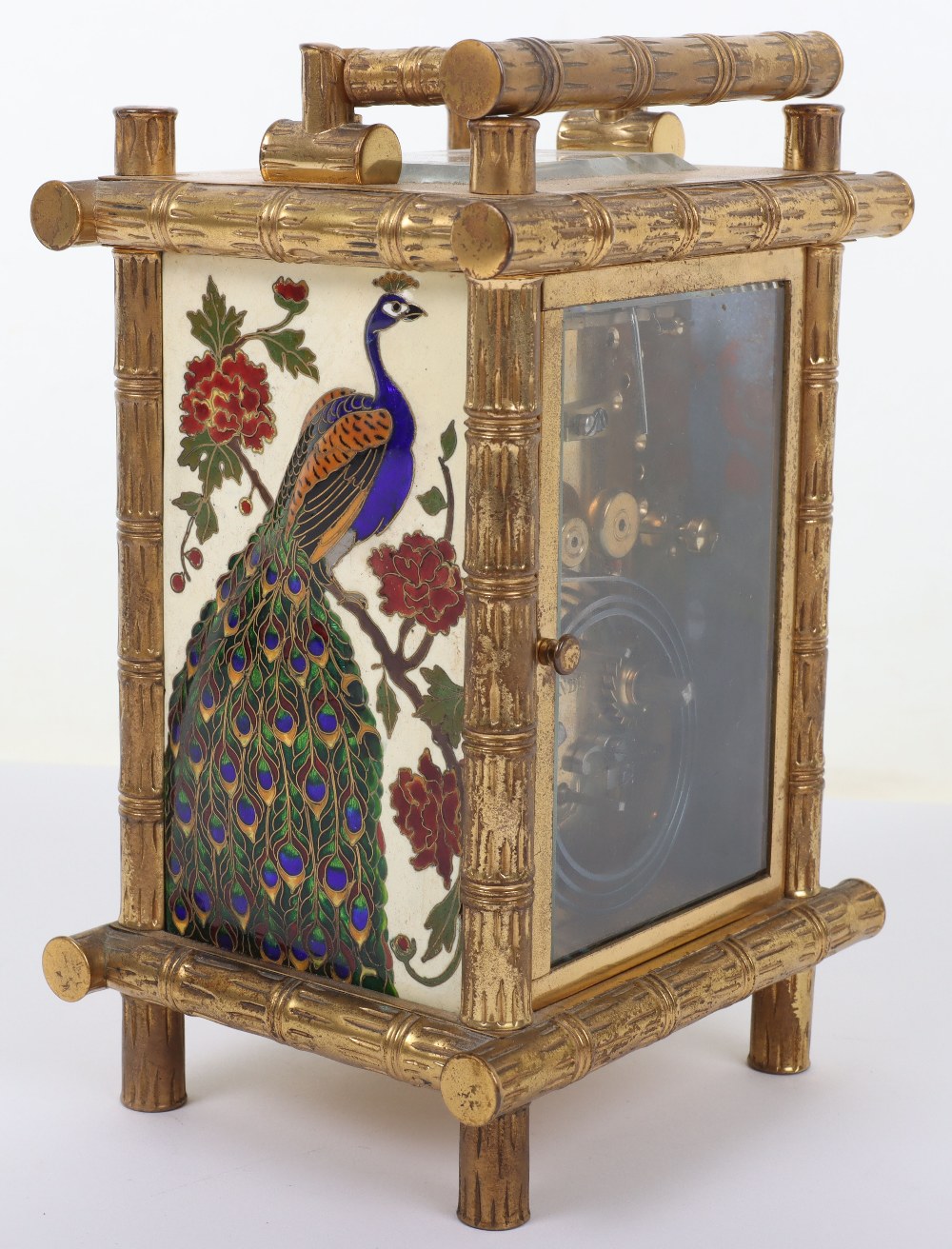 A fine 19th century gilt brass French Drocourt carriage clock with porcelain panel with cloisonne de - Image 8 of 13