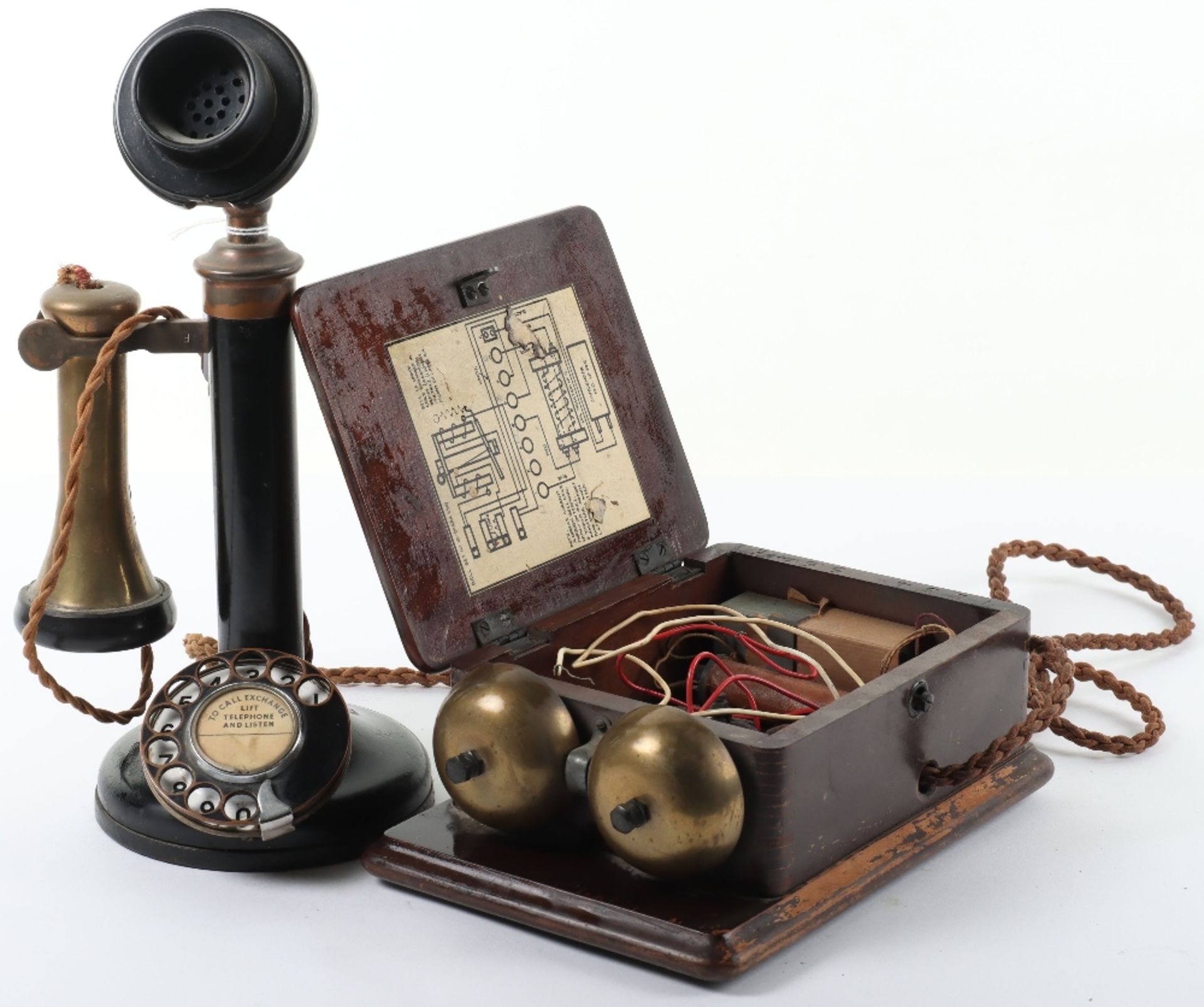 An early 20th century candlestick telephone No 15 (Mark 234), bakelite and brass, with bell box, 32c
