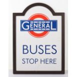 A modern heavy and good quality enamel ‘Buses Stop Here’ sign, in metal frame