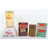 A vintage pack of Ronso and Persil, with A Carlsberg Pilsner Lager advertising light,
